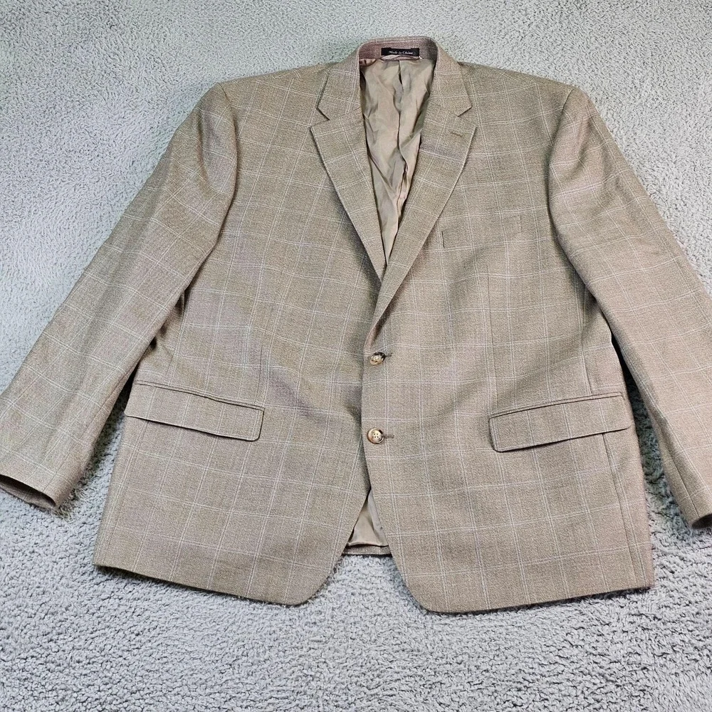 Lauren Ralph Lauren Sport Coat Mens 48R Beige Plaid Silk Wool Classic Fit Blazer